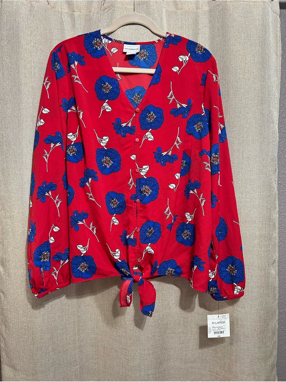 NWT Liz Claiborne Red Button-Front Tie-Hem Floral Blouse, Bonito Romance Sz XL
